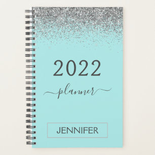 Agenda 2022 Monograma Glitter Azul Água Verde Prata Femin