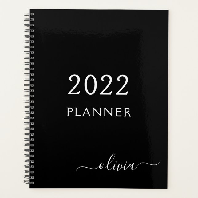 Agenda 2022 Preto Branco Script Monograma Nome Moderno Fe (Frente)