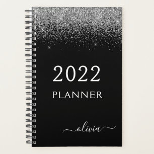 Agenda 2022 Preto Prateado Brilho Glitter Glam Monograma