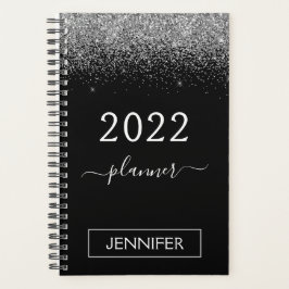 Agenda 2022 Preto Prateado Glitter Monograma Feminino