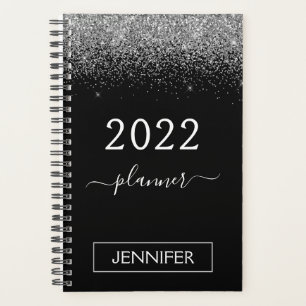 Agenda 2022 Preto Prateado Glitter Monograma Feminino