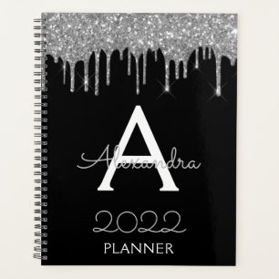 Agenda 2022 Preto Prateado Glitter Monograma Moderno