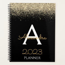 Agenda 2023 Dourado Preto Brilho Monograma Luxo Moderno