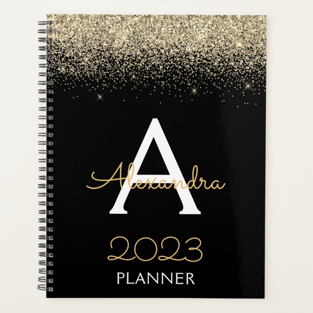 Agenda 2023 Dourado Preto Brilho Monograma Luxo Moderno (Frente)