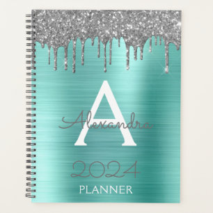 Agenda 2023 Monograma Brilhante Azul Água Azul Teal Prata
