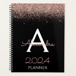 Agenda 2024 Dourado Rosa - Monograma de Glitter Rosa Bege