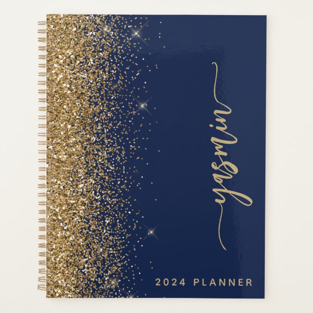 Agenda 2024 Marinho personalizado Brilho Dourado azul (Frente)