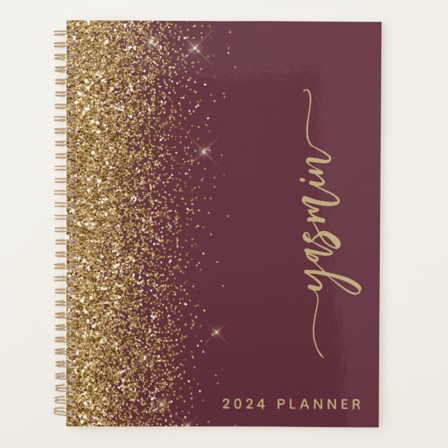 Agenda 2024 Personalizado em Glitter Dourado e Burgundy E (Frente)