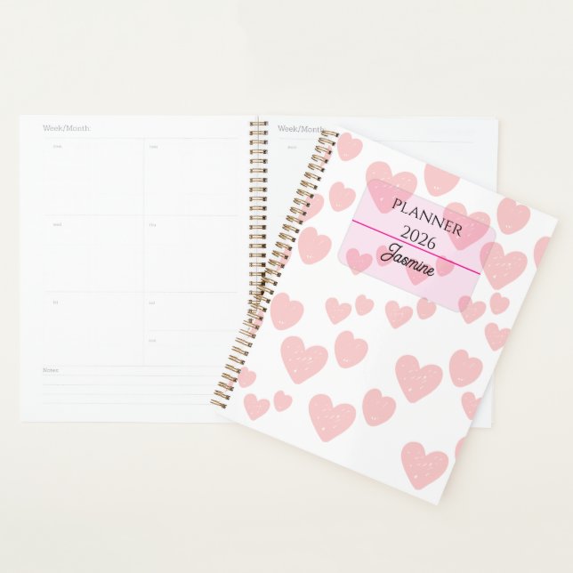 Agenda 2026 Feminine Planner | Soft Pink Hearts & Elegant (Exibição)