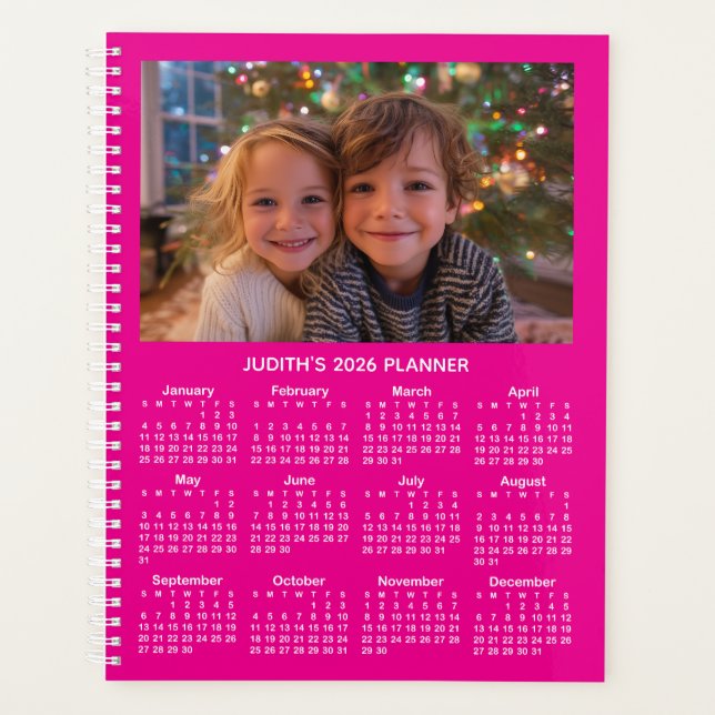 Agenda 3 Photo Hot Pink and White 2026 Calendar (Frente)