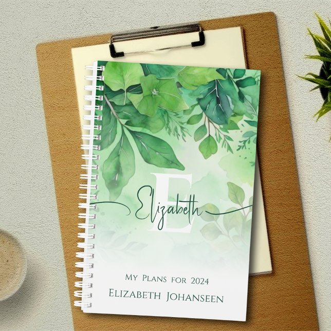 Agenda A Aquarela Verde Deixa Script Elegante Monograma (Criador carregado)