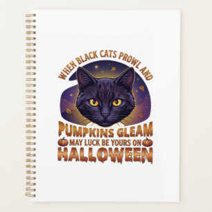 Agenda Abóboras Brilham Halloween Gato Preto Folhas Caind