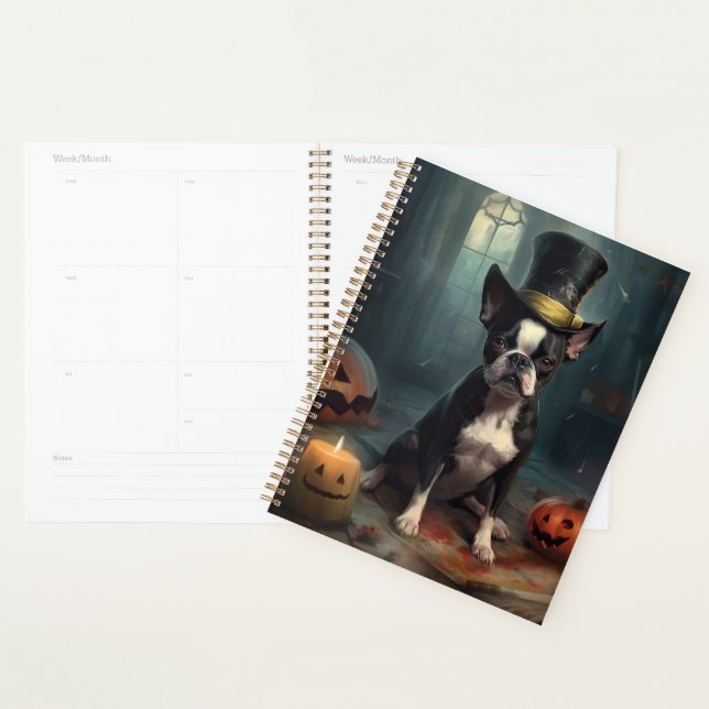 Agenda Abóboras de Boston Terrier Halloween Assustador (Exibição)