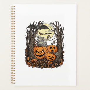 Agenda Abóboras de Halloween Gato Cinza Morcego Lua Cheia