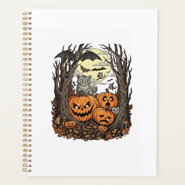 Agenda Abóboras de Halloween Gato Cinza Morcego Lua Cheia (Frente)