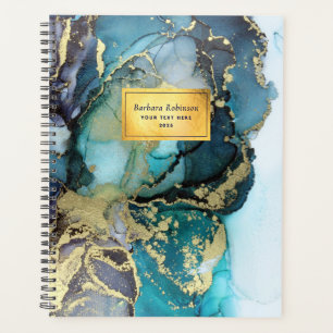 Agenda Abstrato-Arte Dourada Preta Azul Teal