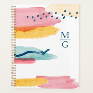 Agenda Abstrato de Monograma Marinho de Aquarela Azul Cor