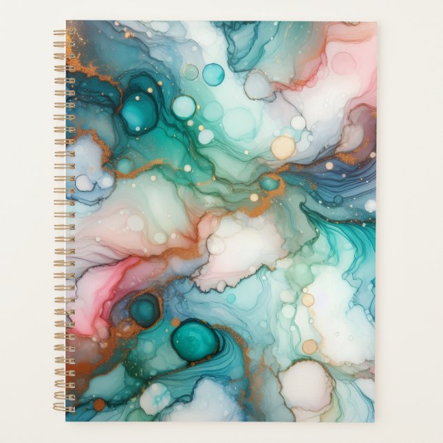 Agenda Abstrato em Rosa, Azul Claro, Azul e Dourado (Frente)