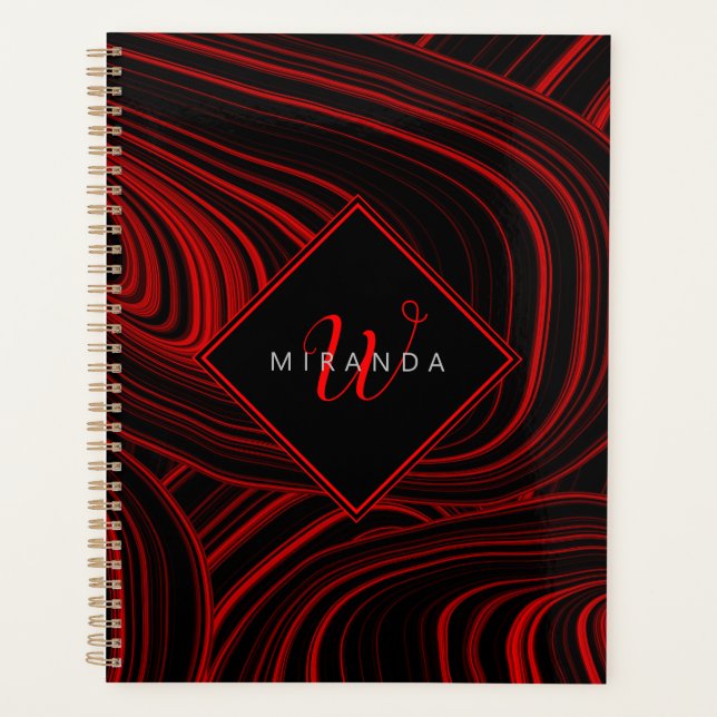 Agenda Abstrato preto e vermelho moderno monograma (Frente)