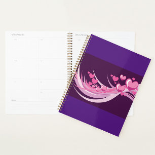 Agenda Abstrato Romântico Corações Rosa Design em Roxo