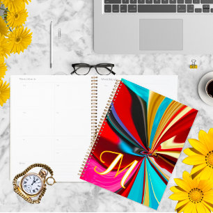 Agenda Abstrato único azul vermelho Dourado monograma liq