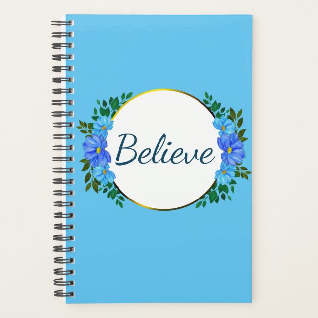 Agenda "Acredite" Sua Palavra Lembrete Azul Zinnia Floral (Frente)