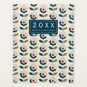 Agenda Adicione seu nome Padrão Floral Retro Turquesa