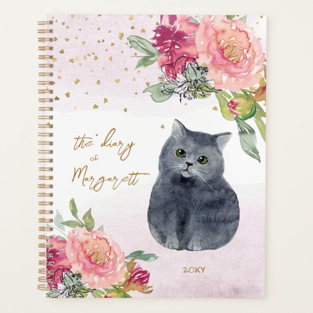 Agenda Adorando Ilustração de Gato Flores Diário Diário d (Frente)