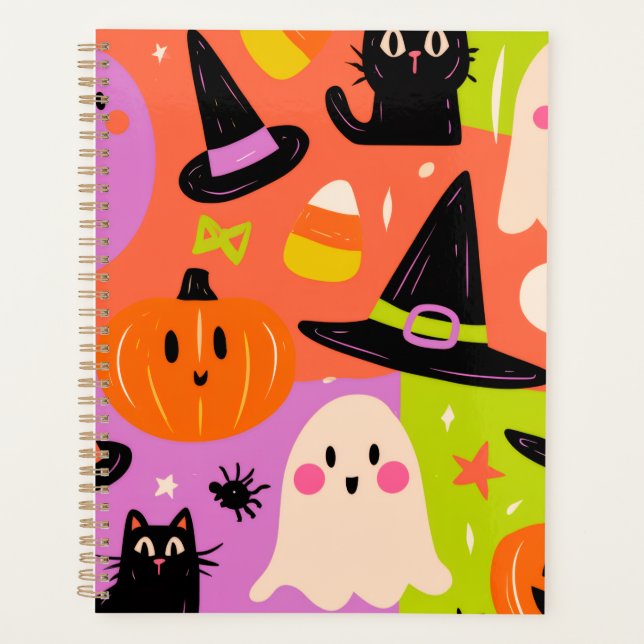 Agenda Adorável Doodle de Halloween - Gato Abóbora Fantas (Frente)