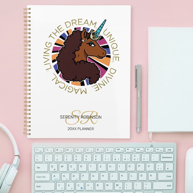 Agenda Afro Unicorn Living the Dream Design (Planner on table)