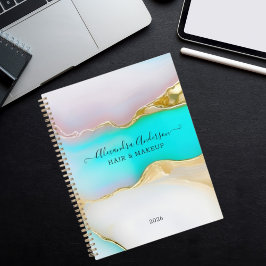 Agenda Agate de luxo Acentos Dourados Azuis Marble Aqua S