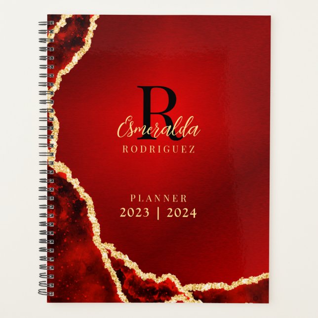 Agenda Agate Dourado Vermelho Monograma 2023 2024 Elegant (Frente)
