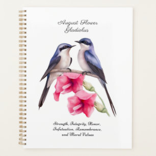 Agenda Agosto Mês de Nascimento Flor Gladiolus com Aves