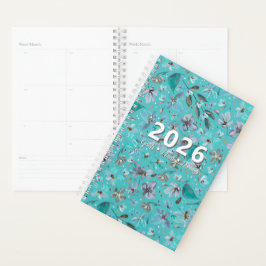 Agenda Água-forte Floral Azul Menta Mágica 2026 Personali