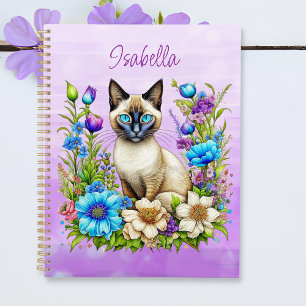 Agenda Ai Watercolor Gato Siamês em Flores Personalizado