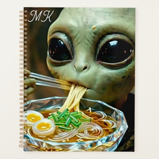 Agenda Alienígena engraçado comendo macarrão Ramen monogr (Frente)