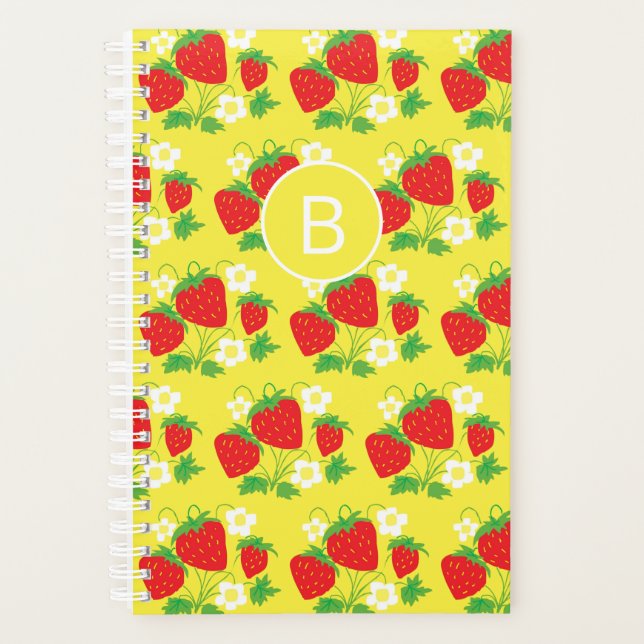 Agenda Amarelo de Morango e Flor Padrão Monogramado (Frente)
