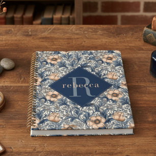 Agenda Ameixa Azul Floral William Morris Monograma Elegan