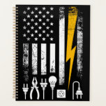 Agenda American Flag Lineman Electrician Utility Worker<br><div class="desc">Whether they’re climbing poles in a storm or maintaining the grid, an electrician’s job is never done. This distressed, patriotic design on a Planner celebrates the skill and bravery of powerline workers. Featuring a retro aesthetic with a focus on the tools of the trade and the Stars and Stripes, this...</div>