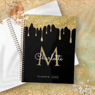 Agenda Ano do Glitter Ouro Preto Monograma Script