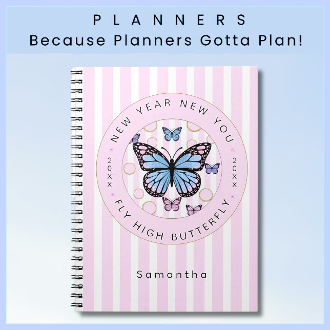 Agenda Ano Novo Você Borboleta Nome Personalizado Ano (Pretty Custom Name Pink and White Candy Striped Planner with Motivational Message for the New Year!)