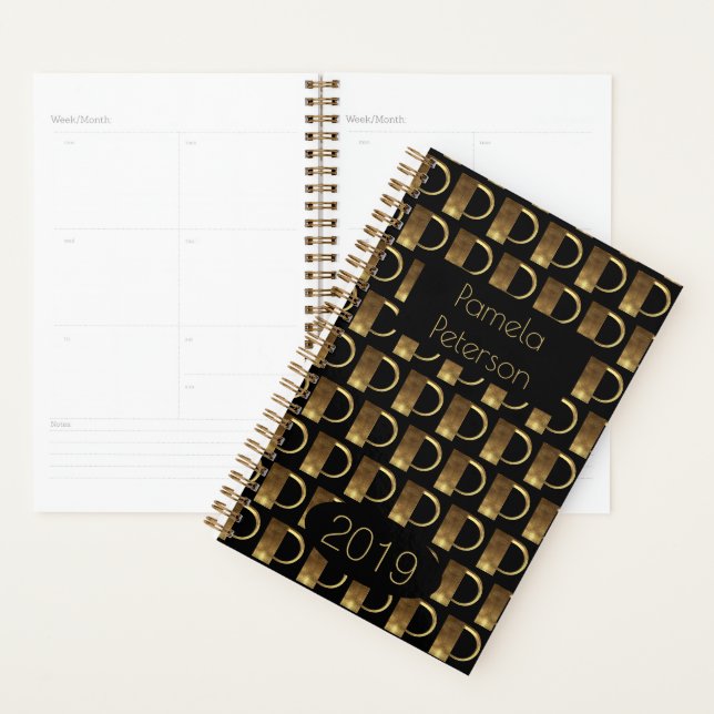 Agenda Ano Personalizado 2019 Monograma Dourado Preto P E (Exibição)