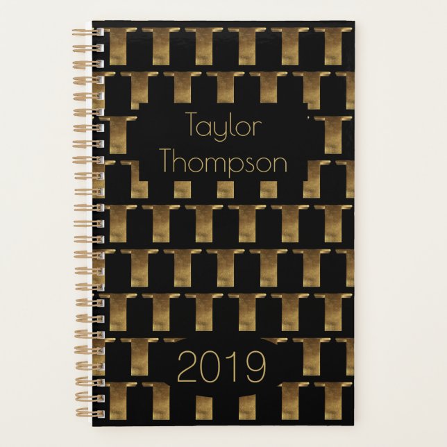 Agenda Ano Personalizado 2019 Monograma Dourado Preto T E (Frente)