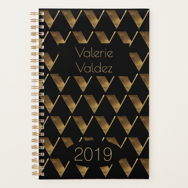 Agenda Ano Personalizado 2019 Monograma Dourado Preto V E (Frente)
