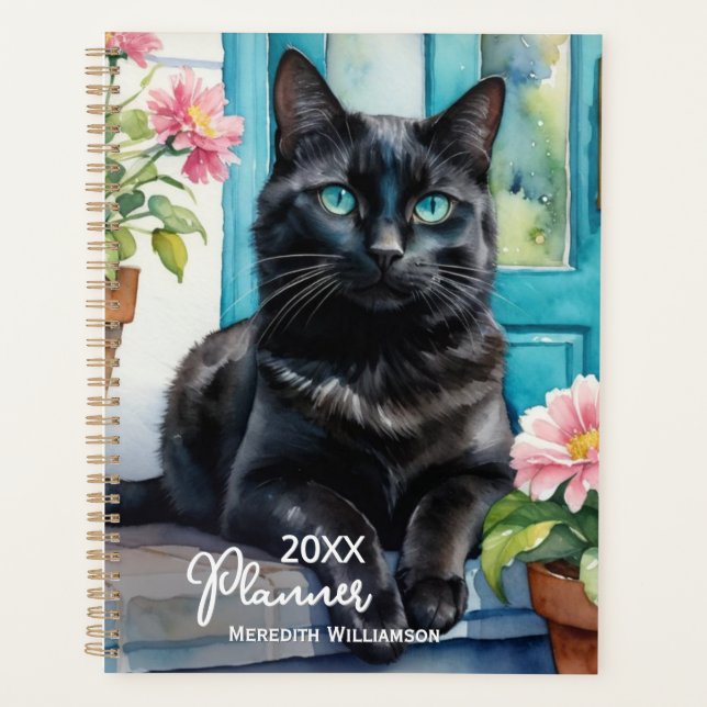 Agenda Ano Personalizado de Cor de Água Elegante de Gato  (Frente)