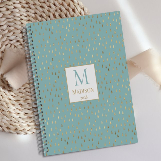 Agenda Aqua Dourada Raindrop Modern Trendy Monograma (Criador carregado)