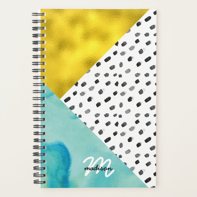 Agenda Aqua e Mídia mista Dourada monogramada (Frente)