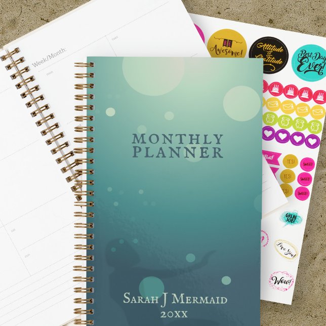 Agenda Aqua Underwater Mermaid Brain Dump Mensal Planner (Add your name to this teal green mermaid planner )