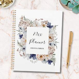 Agenda Aquarela Flores Florais Bege Azul Bonito 