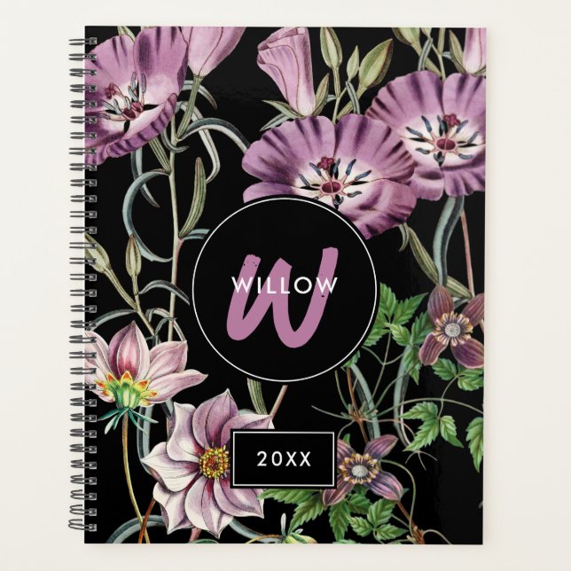Agenda Aquarela Flores Selvagens Monograma Roxo Preto (Frente)